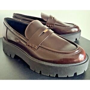 Zara Womens 9 Burgundy Chunky Penny Loafers Platform Lug Sole Red Shoes NEW